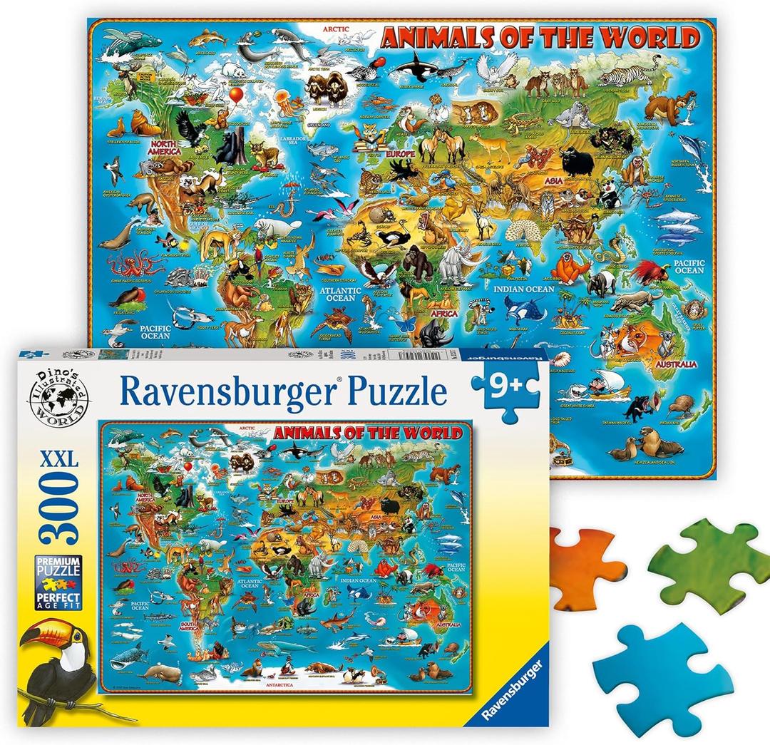 Ravensburger - Animals of The World - 300 Piece Jigsaw Puzzle - XXL Pieces for Easier Assembly - Exciting, Colorful Animal Map - Premium Quality - Ideal Gift - Screen-Free Fun - Children Age 9+