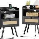 SUPERJARE Nightstands with Charging Station, Bedside Table Set of 2 with PE Rattan Drawers, Rattan Side Table with Storage & Solid Wood Feet, End Table for Bedroom, Black, 11.8"D x 15.9"W x 23.4"H