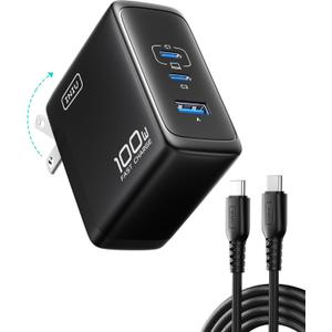 INIU USB C Charger Block, 100W GaN Fast Charging, 3-Port Compact Foldable Travel Charger with Type C Cable, Power Adapter for Mac Book Air Pro 15 14 M3, iPhone 17 16 Pro Max Samsung S26 S24, Switch 2