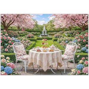 7x5ft Tea Party Garden Backdrop Spring Yard Fountain Dessert Table Floral Photography Background Girl Birthday Party Baby Shower Decorations Photo Booth Props