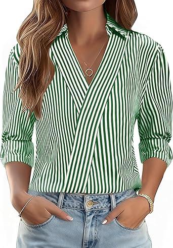 LOMON 3/4 Length Sleeve Women's Tops Dressy V Neck Collared Shirts Trendy Business Casual Work Blouses Vacation Outfits 2026, XL