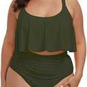Pink Queen Women Plus Size Swimsuits Tummy Control Ruffle 2 Piece High Waisted Bathing Suit Swimwear Size 2XL