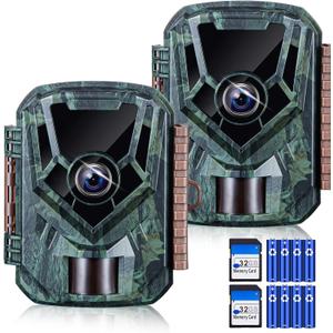 KJK 2 Pack Trail Cameras 36MP 2.7K, 32G SD Card and 8AA Batteries, Game Camera with Night Vision Motion ActivatedWaterproof lP66 0.1s Trigger Time w/ 130Wide-Angle TrailCam for Wildlife Monitoring (Green)