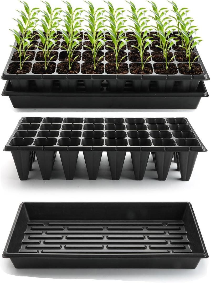 RooTrimmer 10 Pack 1020 Trays No Holes and 10 Pack 4.3" Deep 32 Cell Seed Starter Trays, 20" x 10" - Heavy Duty Plastic Nursery Flats for Seed Germination & Plant Propagation (10 Sets)