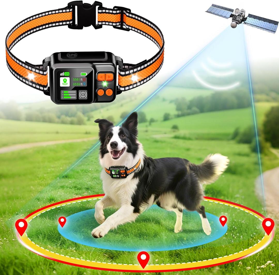 GPS Wireless Dog Fence System, Electric Dog Fence Using GPS Electric Satellite Technology, IPX7 Waterproof Rechargeable Design, GPS Dog Collar Has 2 Modes Circular and Free-Form Fence (Orange)