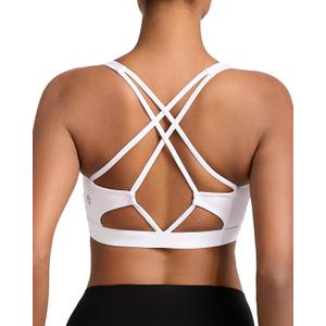 SONGSKY Sports Bras for Women, Medium-High Support Strappy Padded Running Sports Bras with Removable Cups (White, L)