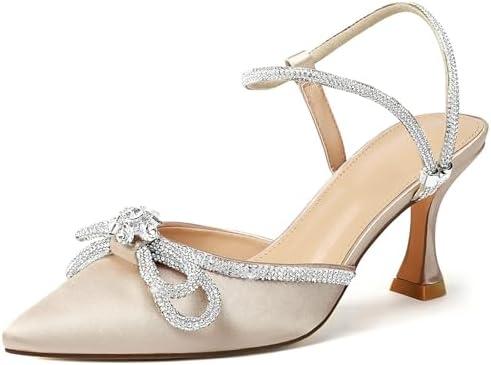Susanny Women's Closed Toe Rhinstone Wedding Low Heel Slingback Clear Kitten Heels, Adjustable Strap Pointed Toe Bow Pumps High Heeled Prom Dress Shoes, Apricot, 43