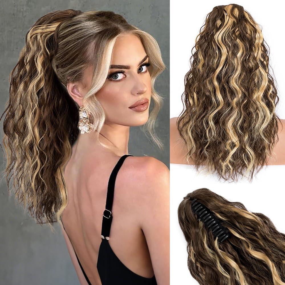 Claw Clip Ponytail Extension for women - 18" Long Curly Drawstring Ponytail Hair Extensions for Women, Strong Hold Fluffy Natural Looking Synthetic Hair Pieces for Daily Use (18 Inch (Upgrade), Medium Brown with Dirty Blonde Highlights)