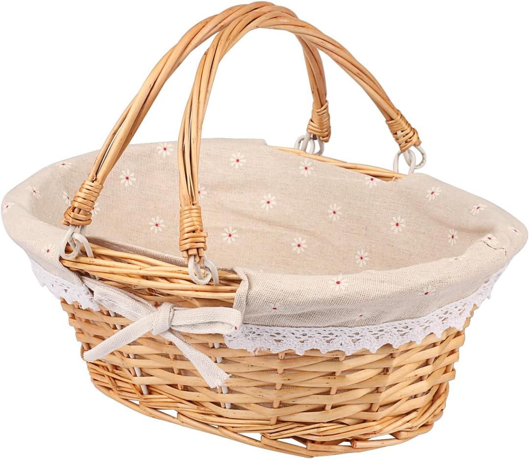 Wicker Basket with Handle, 14.2 x 11 x 6.7 Inch Wicker Picnic Baskets with Liner, Oval Willow Woven Basket for Fruit, Wine, Gathering, Wedding, Picnic,by GNIEMCKIN