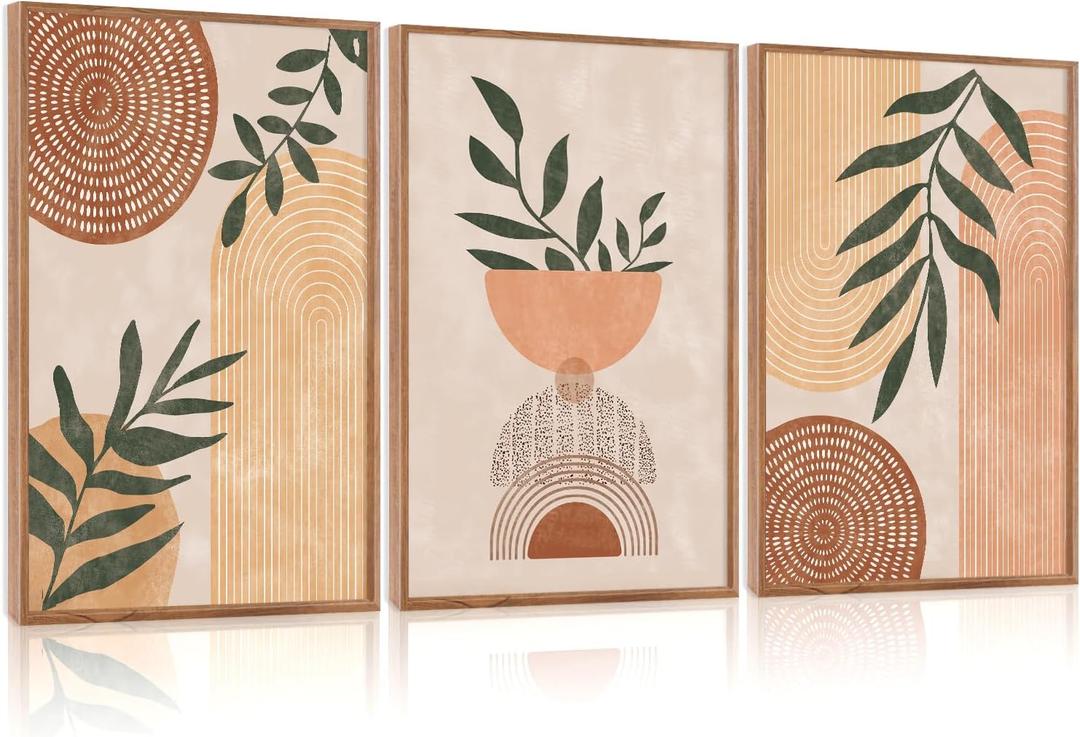 CHDITB Modern Botanical Framed Canvas Wall Art, Neutral Bohemian Gallery Wall Decor, Abstract Geometry Line Wall Painting, Mid Century Minimalist Sage Art Prints For Dining Room Bedroom Office 24"x36"