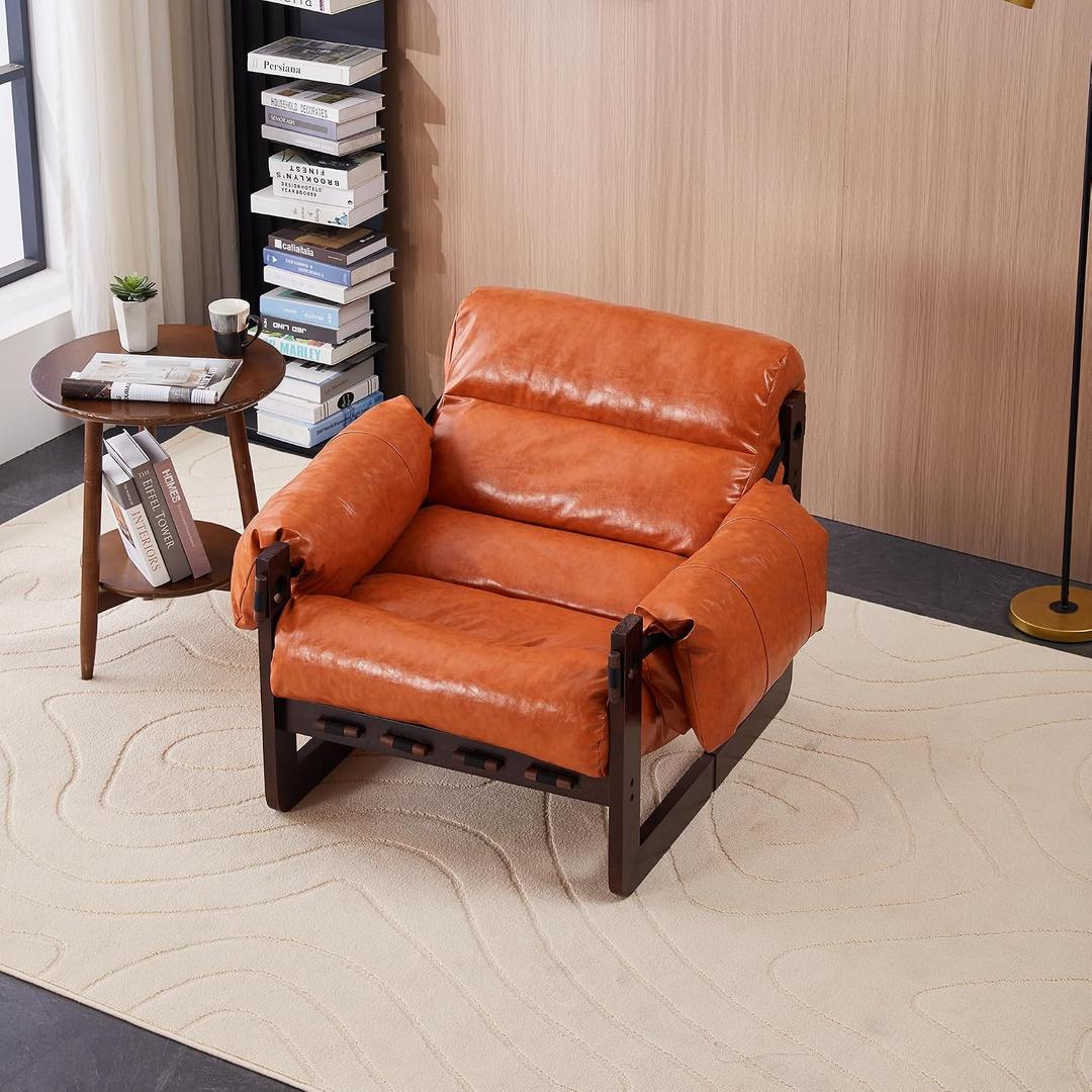 Retro Chaise Lounge Chair Indoor, Oversized Leather Accent Chair with Thick Cushions & Solid Wood Base Support, Comfy Armchair Deep Seat Sofas for Living Room/Bedroom/Home Office/Balcony