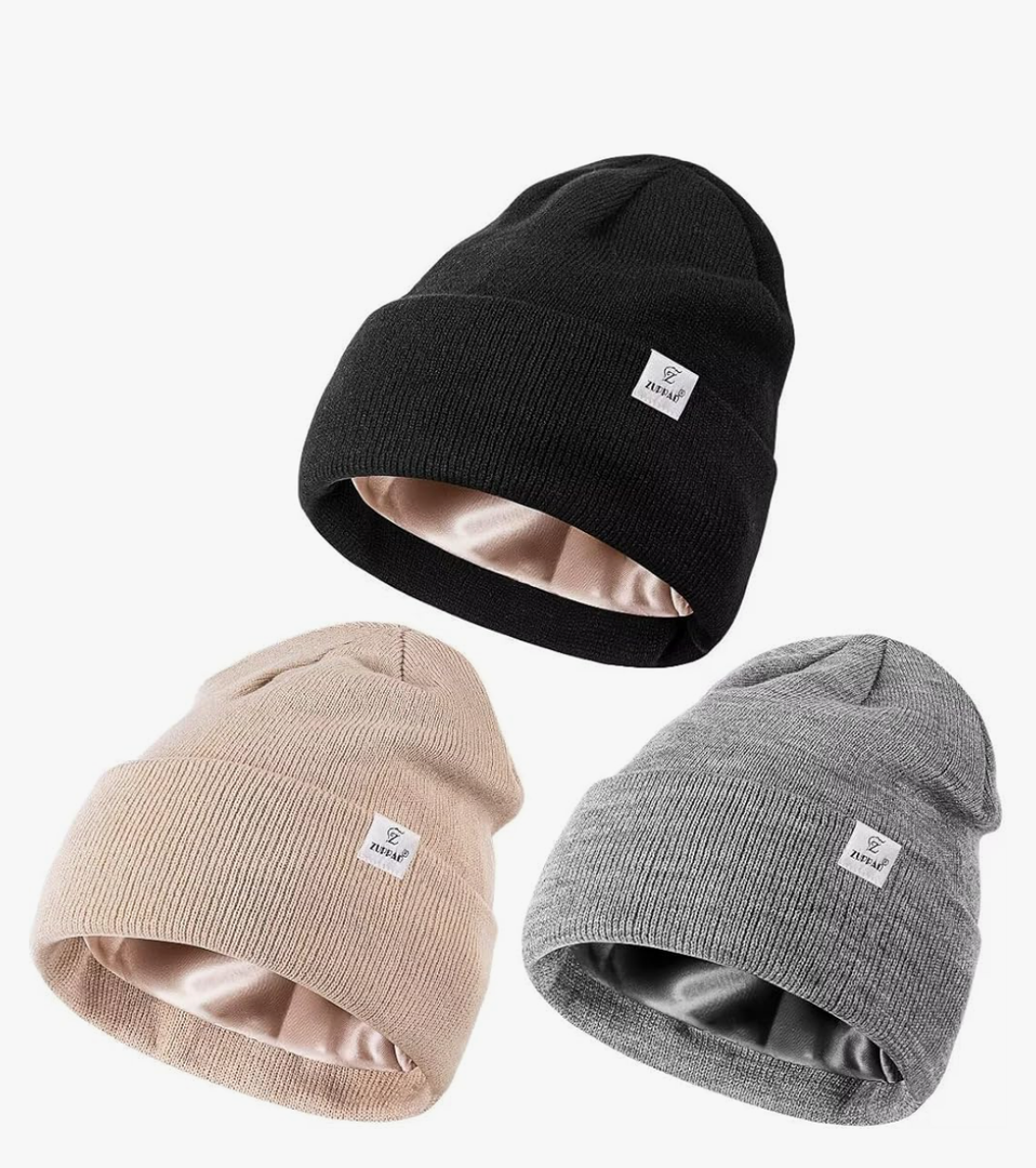 3 Pack Satin Lined Winter Beanie Hats for Women Men,Silk Lined Womens Beanies Knit Soft Warm Cuffed Hat