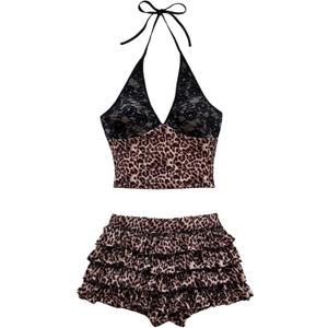 MakeMeChic Women's Two Piece Y2k Outfit Cheetah Print Lace Halter Crop Tops and Tiered Ruffle Shorts Set Multicolor Small