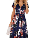 OUGES Women's Summer Short Sleeve V-Neck Floral Short Party Dress with Pockets, XL
