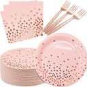 Serve 35 Guests Pink and Rose Gold Plates and Napkins Party Supplies,7 Inch Happy Birthday Pink Paper Plates Disposable for Bridal Showers Birthday Wedding