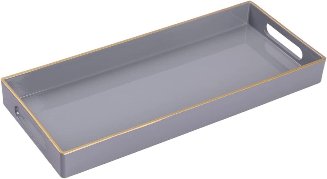 MAONAME Gray Bathroom Tray, Plastic Vanity Tray, Long Narrow Countertop Trays with Handles, Perfume Organizer Trays for Dresser, Bathroom Accessories, 13.8" x 6" x 1.57"