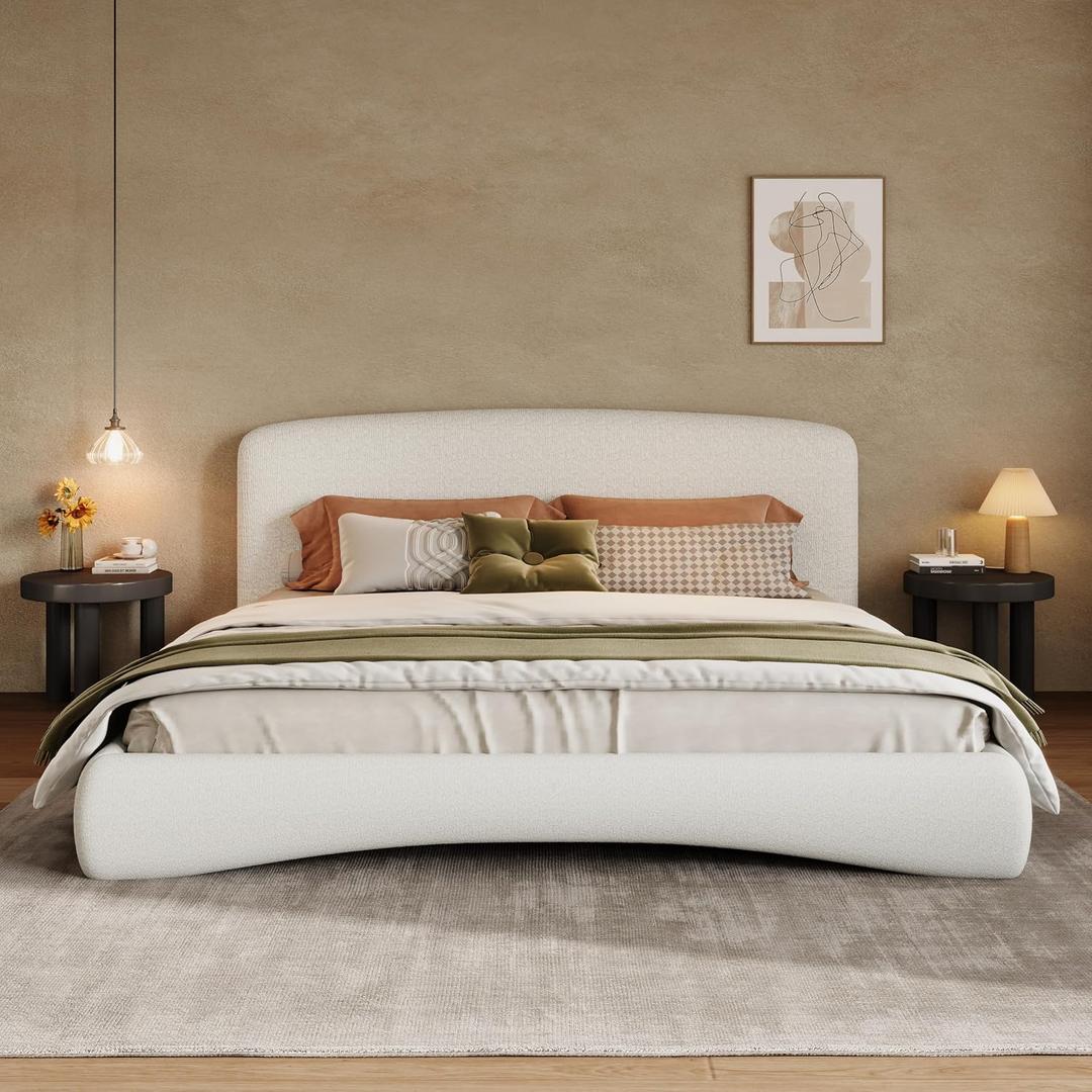 Christopher Knight Home Marlo Boucle Upholstered King Size Bed Frame with Lights, Modern King Bed Frame with Headboard, Wooden Slats Support, Easy Assembly, No Box Spring Needed, Cream