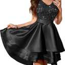 Meetjen Women's Short Prom Dresses for Teens Formal Sequin High Low Satin Bridesmaid Cocktail Party Homecoming Dress (Black, L)