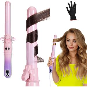 Automatic Rotating Curling Iron for Long Lasting Curls, 1.1 Inch Hair Curler with LED Display, Fast-Heating Curling Wand for Long & Short Hair, Perfect Hair Waver Styling Tool (Pink Gradient)