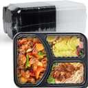 EKOSAVOR Take Out Containers 38 oz 40 Pack - Shrink Wrapped 3 Compartment Leakproof Catering | BPA Free PP Plastic Microwave & Freezer Safe | Flexible Reusable Commercial Black Lunch Boxes with Lid