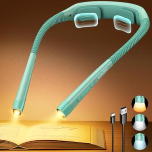 Glocusent Ergonomic Reading Light, 1600mAh Rechargeable Book Light for 100 Hrs - 3 Colors & 5 Brightness, Neck Light with Timers, Sleep Aid & Travel Lock, Perfect for Reading, Knitting & Craft (Mint Green)