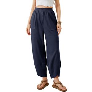 Xiaoxuemeng Womens Baggy Wide Leg Pants Casual Elastic Waisted Palazzo Harem Pants with Pockets (Blue, L)