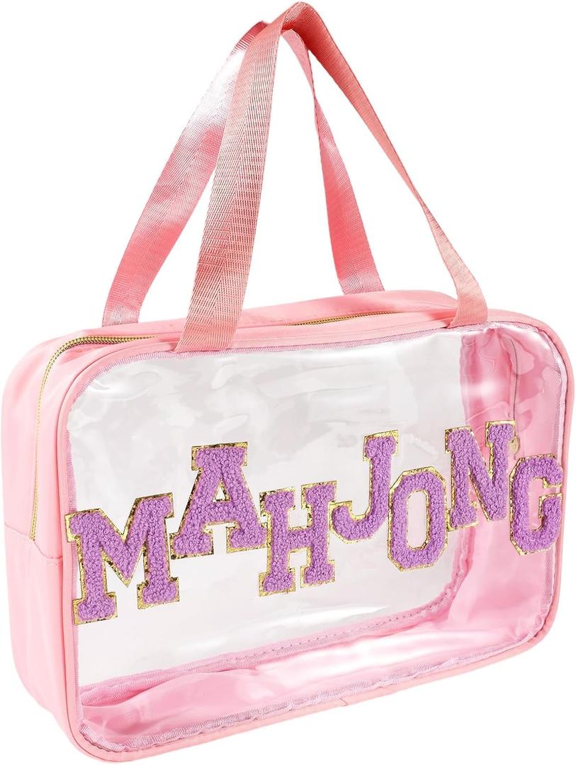 Empty Mahjong Bag, 11.81x8.66x3.54in PVC Material Clear American Mahjong Tile Travel Carrying Storage Case with Smooth Zipper and Sewn-in Chenille Lettering Patterns for Game Lovers(Only Bag, Pink)