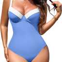 One Piece Swimsuit Women Tummy Control Push Up Underwire Swimwear Cheeky Bathing Suit Color Block Monokini (Large)