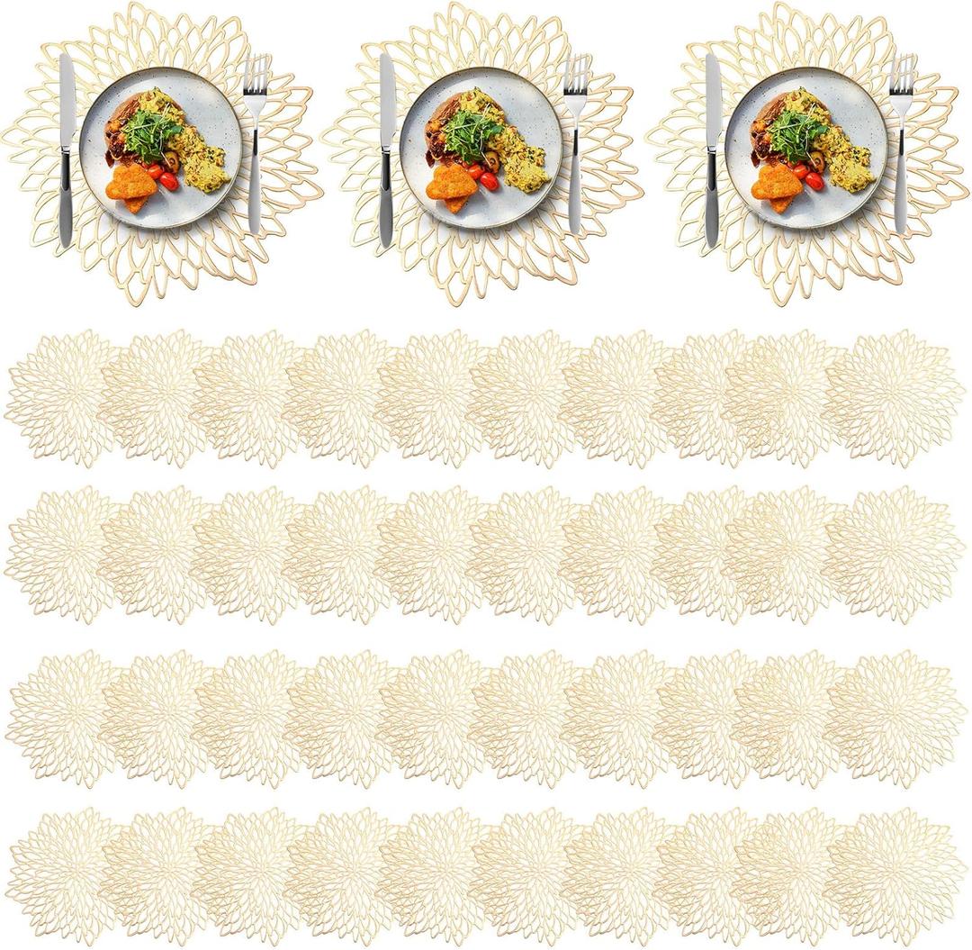 Chengu 100 Pieces Round Pressed Vinyl Placemats Metallic Hollow Out Leaf Flower Table Mats Decorative Wedding Round Placemat for Holiday Party Reception Home Kitchen Dining Table(Gold)
