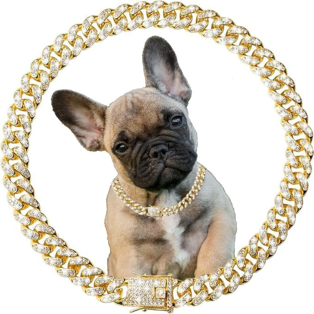 Gold Chain Collar for Dogs, Glitter Rhinestone Bling Sparkly Diamond Metal Cuban Link Dog Necklace for Small Medium Large Pet Dogs, 14 inch