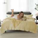 Cooling Queen Duvet Cover Set 3 Pieces-100% Washed Cotton with Chic Wide Trim Design Linen Like Textured Ultra Soft Cozy Bedding with Zipper Closure(Hemmed Pale Yellow, Queen 90"x90")