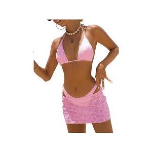 WDIRARA Women's 3 Piece Textured Thong Bikini Set Triangle String Halter Swimsuit with Cover Up Skirt Size L