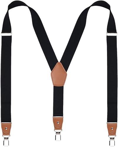 Men's Adjustable Y-Back Suspenders Heavy-Duty Elastic Polyester & Leather with Triple Metal Clips for Jeans (Black)