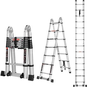 14.5FT A Frame Telescoping Ladder, Extension Multi-Purpose w/Balance Bar & Wheels, Ladder A Frame, Heavy Duty 330 lbs Max Capacity, Ideal for Home and Outdoor Work, Silver
