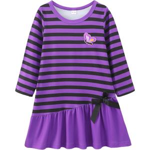 HIGHUZZA Baby Girl Clothes, Toddler Girls Long Sleeve Bow Tie Striped Purple Butterfly Outfits for Fall Casual Birthday Party 6-9 Months