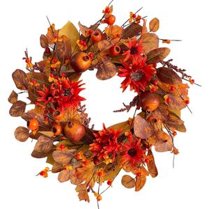 18" Fall Wreaths for Front Door with Maple Eucalyptus Leaves Daisy, Fall Door Wreath Autumn Wreath for Thanksgiving Halloween Outdoor Indoor Farmhouse Party Holiday Porch Wall Window Home Decoration (Berry)