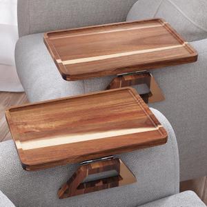 Danfoxer 2 Pack Acacia Wood Couch Arm Tray,Couch Tray,Folding Sofa Armrest Trays,Couch Arm Table Clip-On Couch Desk for Drinks,Snacks,Phone,Remote Control