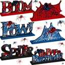 Yuntau 6 Pcs Spider Bithday Party Decoraions Spider Wooden Table Decorations Red and Blue Pattem Design Happy Birthday Table Centerpiece Sign for Boy Cartoon Party Supplies