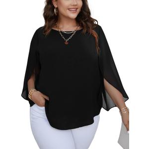SCOMCHIC Plus Size Blouses for Women Summer Chiffon 3/4 Sleeve Tunic Tops Dressy Scoop Neck Casual Loose Flowy Shirts (Black) 4XL
