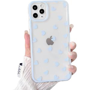 NITITOP Compatible with iPhone 11 Pro Max Case Cute Clear Blue Durable Love Heart Pattern for Girls Women Soft TPU Transparent Colourful Frame Full Camera Lens Shockproof Protective Cover - Blue