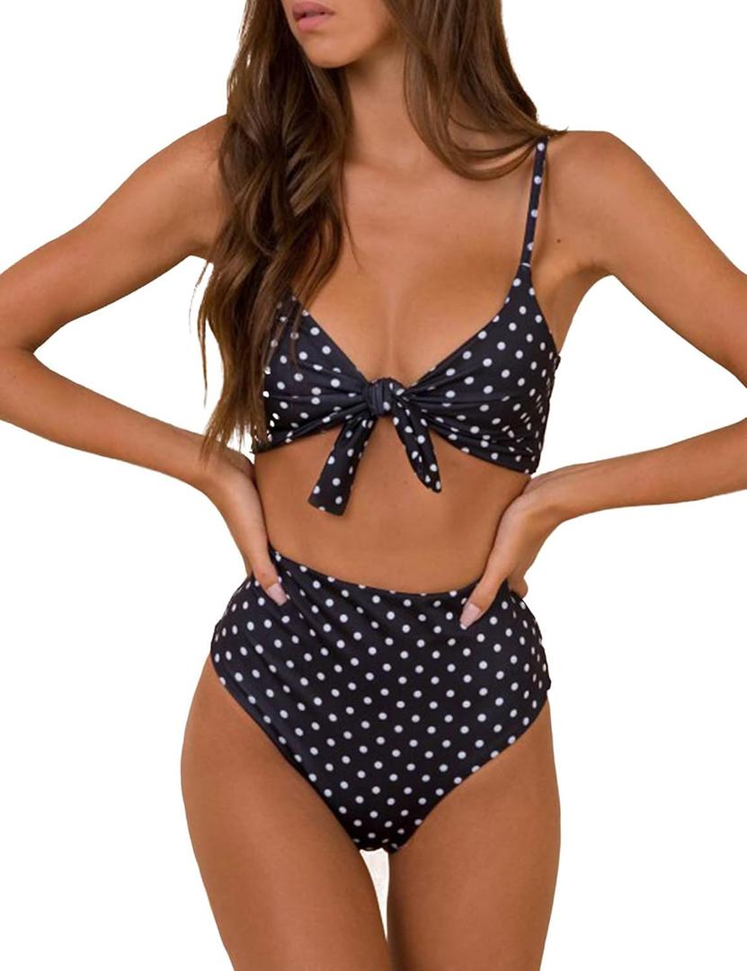 Blooming Jelly Womens High Waisted Bikini Set Tie Knot High Rise Two Piece Swimsuits Bathing Suits (Black, L)