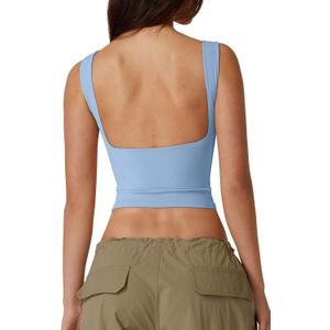 QINSEN Women's Sexy Open Back Sleeveless Crop Tank High Neck Slim Fit Cropped Tee Shirt Y2k Tops (Medium, Light Blue)