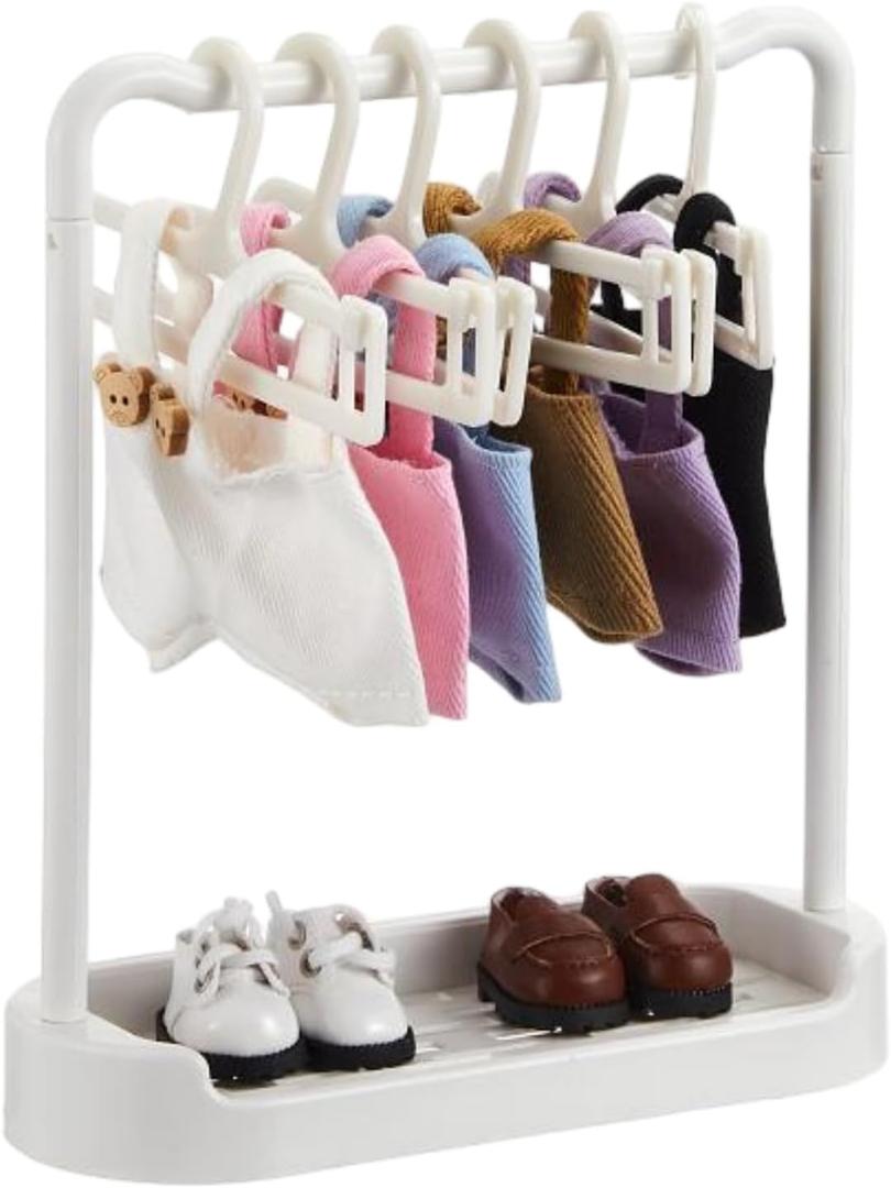 Skylety Doll Garment Rack with 15 Pcs Clothes Hanger for 17cm Doll Clothes Suit, Plastic Hanging Storage Bags with Hanger, Mini Hangers Wardrobe Accessories for Dollhouse Shower Supplies