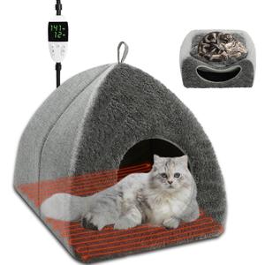 BWOGUE Indoor Heated Cat Bed, 2 in 1 Heated Cat Cave Bed with Temp Adjustable and Timer, Warming Cat Bed Thermo-Pet Nest for Indoor Cats Old Cats 16.9"16.9"16.1"(Light Grey Heating Mat)