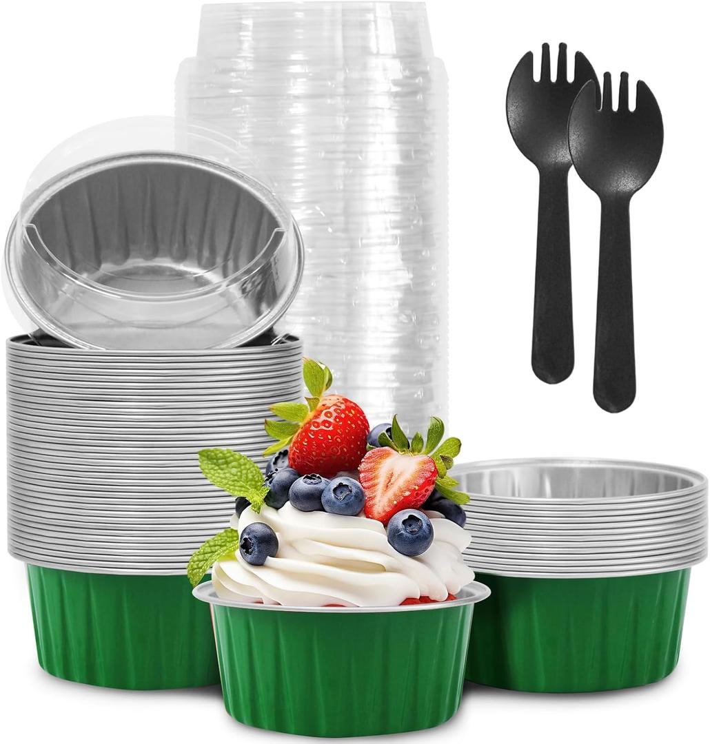 YOIYINI St. Patrick's Day 50Pcs Mini Aluminum Foil Cupcake Baking Cups, 5oz Cake Pans Disposable, Mini Loaf Pans with Lids, Disposable Ramekins, Tin Cups Containers for Cupcake, Pudding, Muffin (50, Green)
