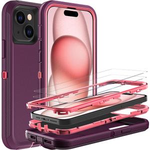 for iPhone 15 Case, Military Grade 3 in 1 Heavy Duty Shockproof/Drop Proof/Dust Proof Case with 2Pcs Tempered Glass Screen Protector (Purple/Pink)