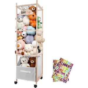 Stuffed Animal Storage, 56" Extra Large Plush Toy Organizer with Wheels, Wooden Stuffed Animal Holder with Removable Bin, Zoo Plushies Storage for Bedroom/Playroom/Living Room (White)