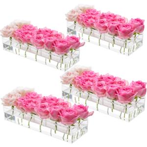 4Pcs Acrylic Flower Vase with 12Holes Clear Acrylic Modern Vases Rectangular Floral Centerpiece for Dining Table Low Decoration Vase for Christmas Party Decorations (Clear4pcs Total 48 120cm)