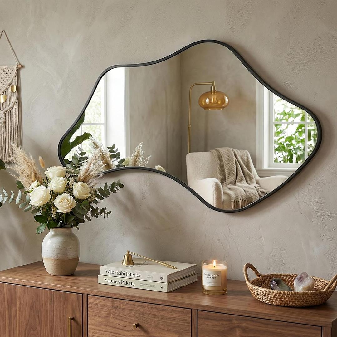 Asymmetrical Wall Mirror, Irregular Shaped Frameless Vanity Mirror, Modern Decorative Mirror for Entryway, Living Room, Bathroom (Black, 43" L x 26" W)