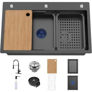 29.5x17.7In Black Kitchen Sink Workstation-Stainless Steel Drop In Single Bowl Double-Ledge Topmount All-in-one Workstation Sink With Faucet,Colander,SS Grid,Cutting Board,Cup Washer,Soap Dispenser